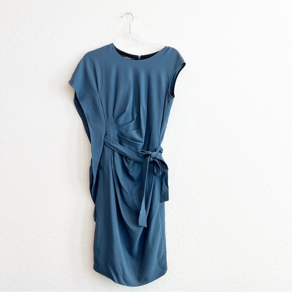 Lafayette 148 Women’s One Shoulder Ruffle Crepe Dress Tie Waist Blue Work 4 - Picture 1 of 7